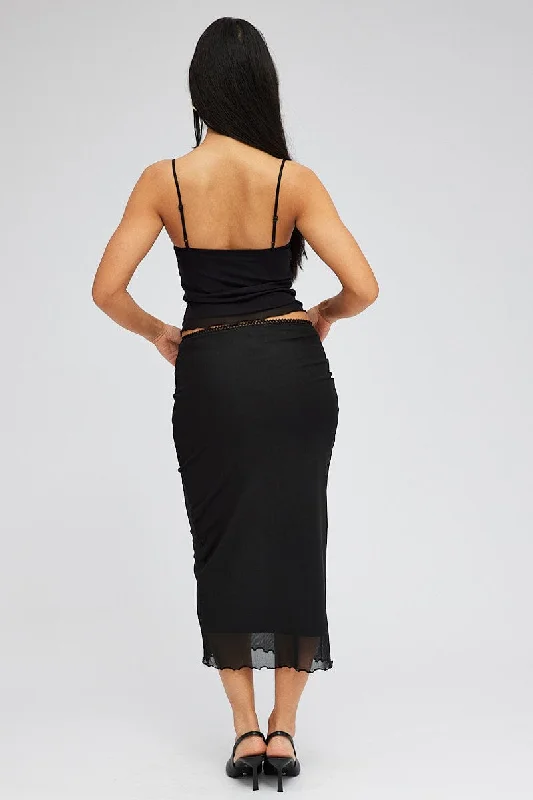 Black Midi Skirt High Rise Mesh