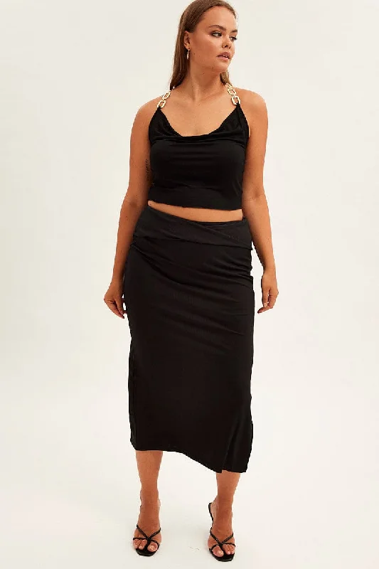 Black Midi Skirt High Rise Pencil Ribbed