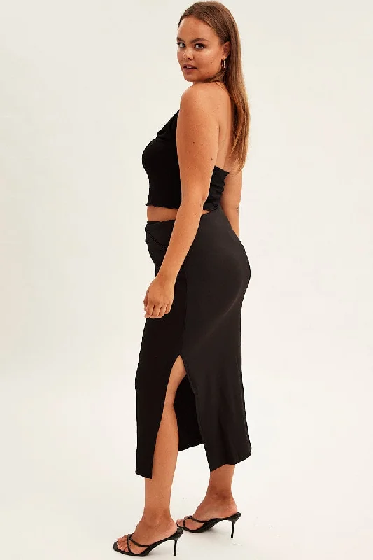 Black Midi Skirt High Rise Pencil Ribbed