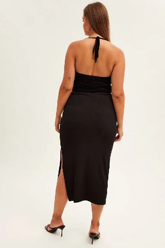 Black Midi Skirt High Rise Pencil Ribbed