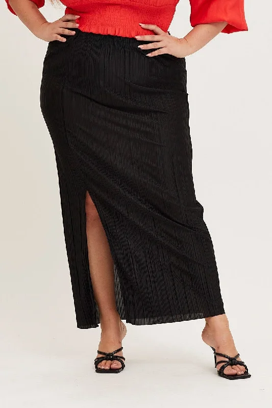 Black Plisse Split Midi Skirt