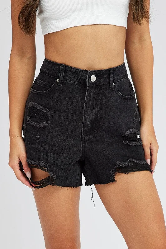 Black Ripped Denim Shorts