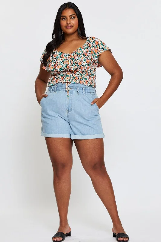 Blue Denim Shorts High Rise Relaxed