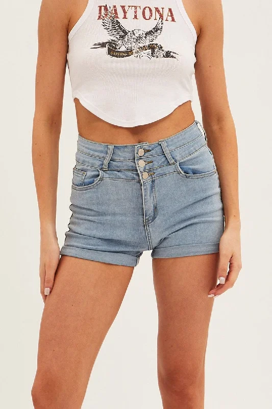 Blue High Waist 3 Button Denim Shorts