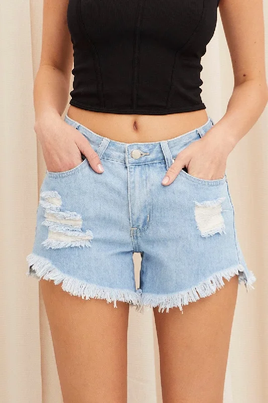 Blue Low Rise Raw Hem Distressed Relaxed Denim Shorts