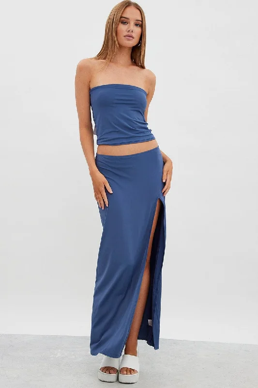 Blue Maxi Skirt Mid Rise Split Nylon