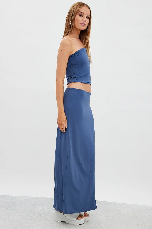 Blue Maxi Skirt Mid Rise Split Nylon