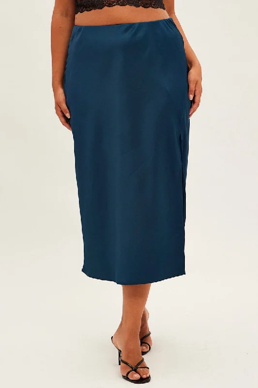 Blue Midi Skirt Bias Satin Split Side