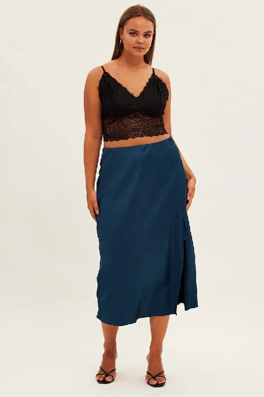 Blue Midi Skirt Bias Satin Split Side