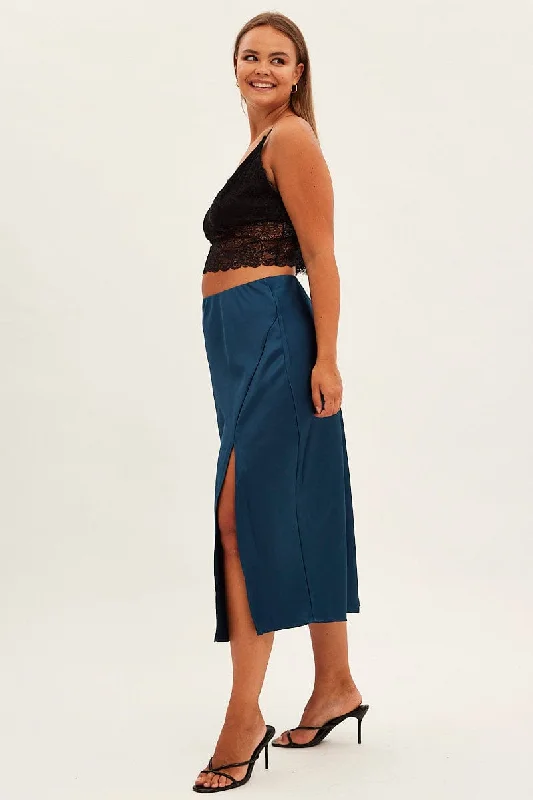 Blue Midi Skirt Bias Satin Split Side