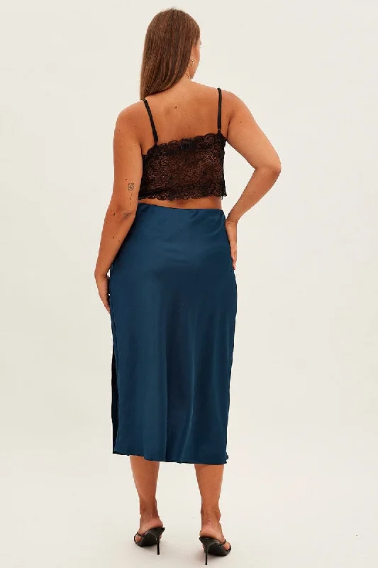 Blue Midi Skirt Bias Satin Split Side