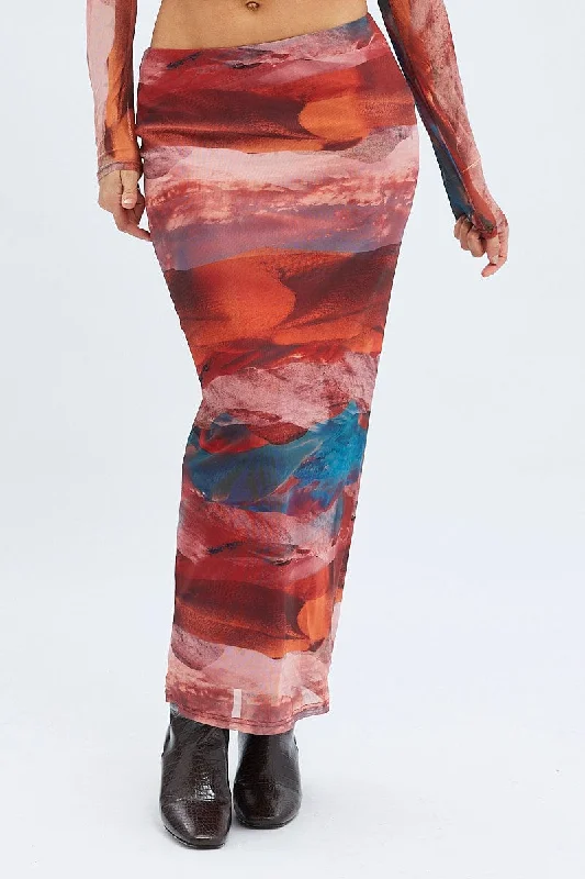 Brown Abstract Maxi Skirt High Rise Mesh