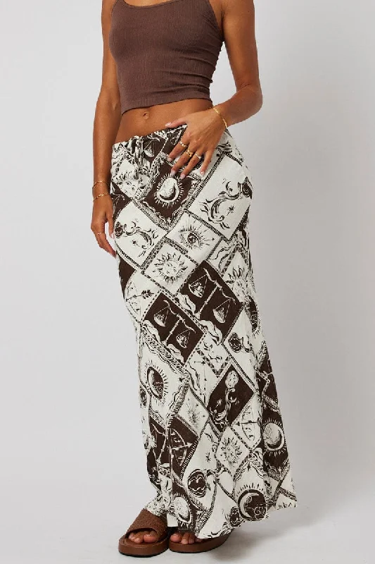 Brown Abstract Slip Skirt Maxi Linen Blend