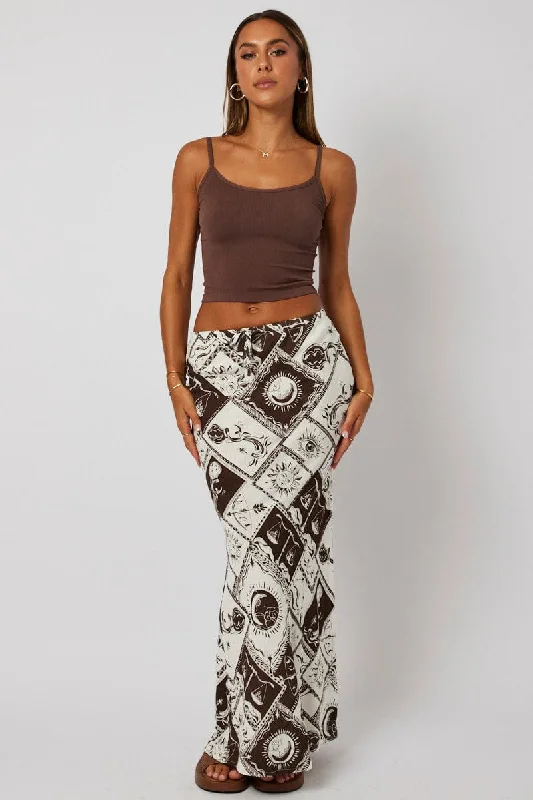 Brown Abstract Slip Skirt Maxi Linen Blend