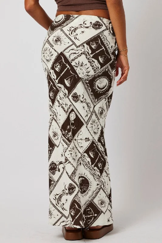 Brown Abstract Slip Skirt Maxi Linen Blend