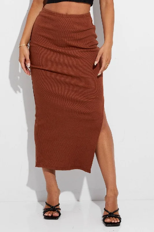 Brown Maxi Skirt Mid Rise Rib Jersey