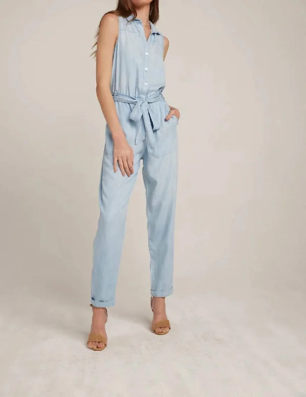 Button Front Belted Tencel Jumpsuit In Salt Spray Wash