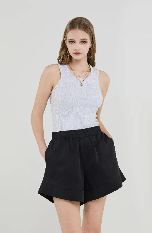 Casual Cotton Blended 4.5 inch Inseam Comfy Elastic Waist Summer Pull On Short with Pockets - Black