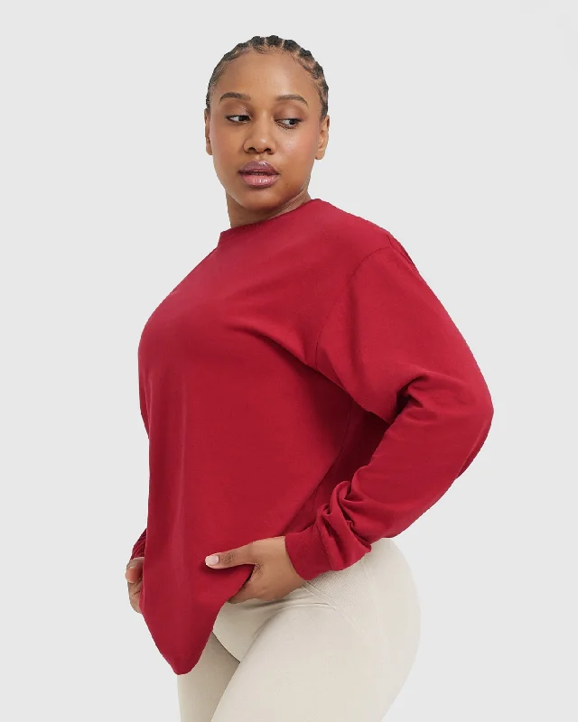 Classic Mirror Graphic Oversized Long Sleeve Top | Washed Red Wine