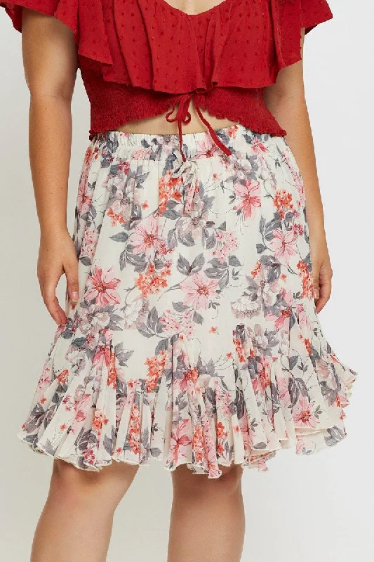 Floral Print Mini Wrap Skirt Ruffle Hem