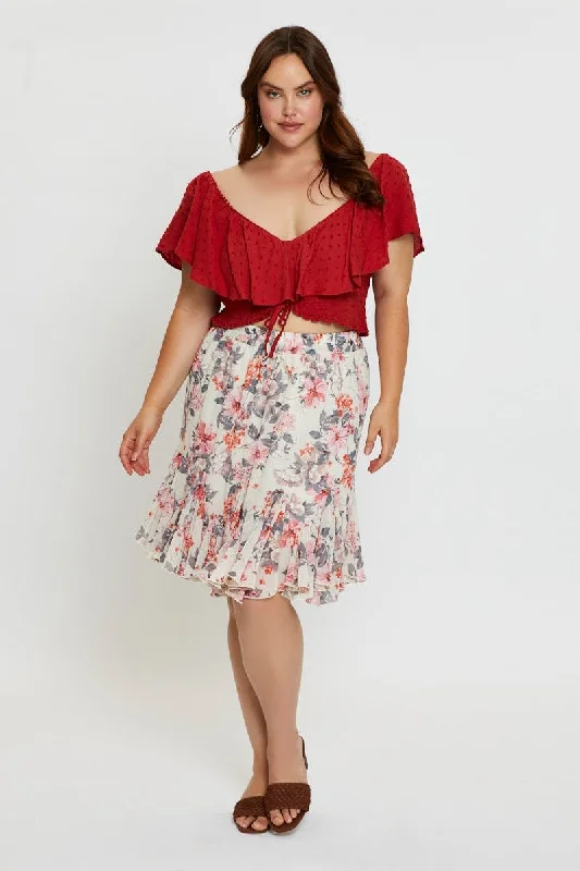 Floral Print Mini Wrap Skirt Ruffle Hem