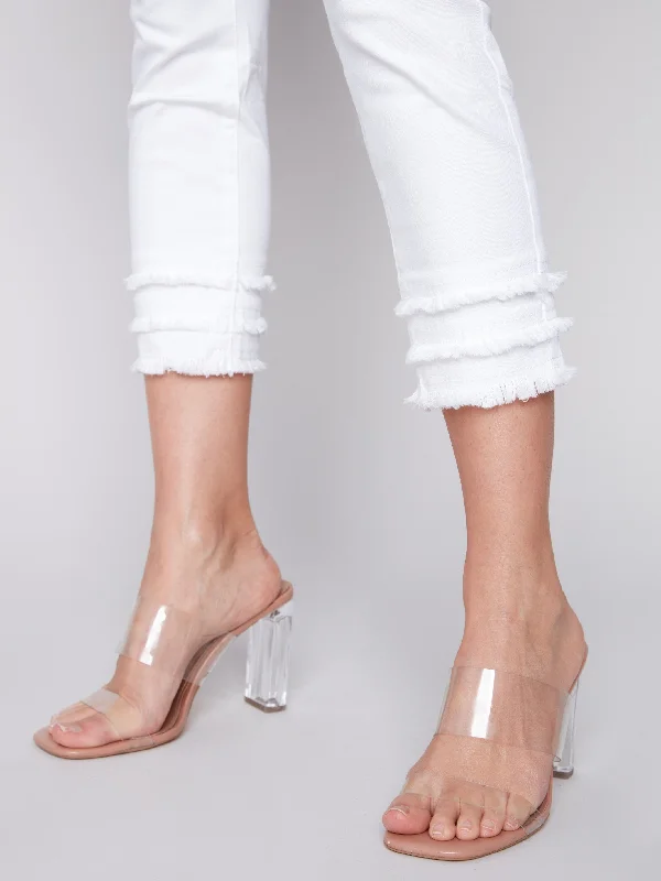 Frayed Hem Cropped Twill Pants - White