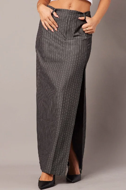 Grey Stripe Midi Skirt Tailored High Waist