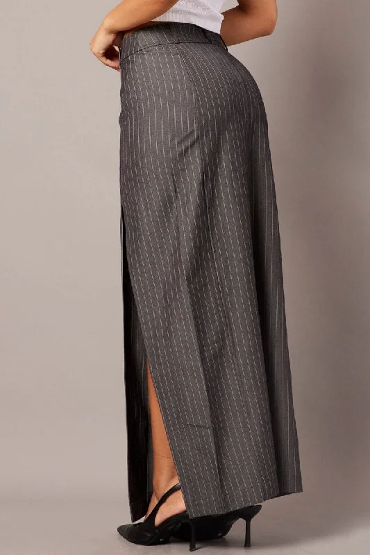 Grey Stripe Midi Skirt Tailored High Waist