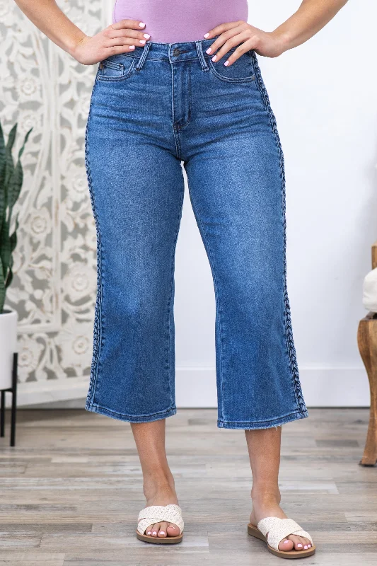 Judy Blue Braid Detail Crop Wide Leg Jeans