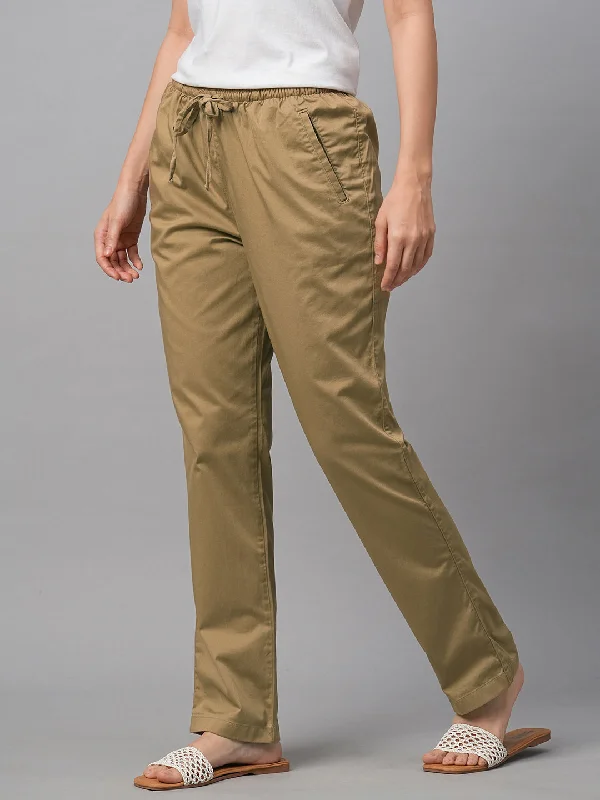 Women's Khaki Cotton Lycra Regular Fit Pant