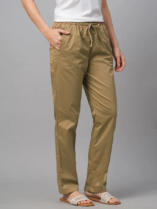 Women's Khaki Cotton Lycra Regular Fit Pant