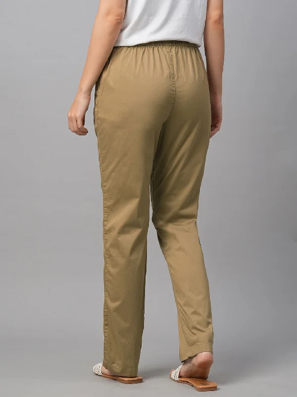 Women's Khaki Cotton Lycra Regular Fit Pant