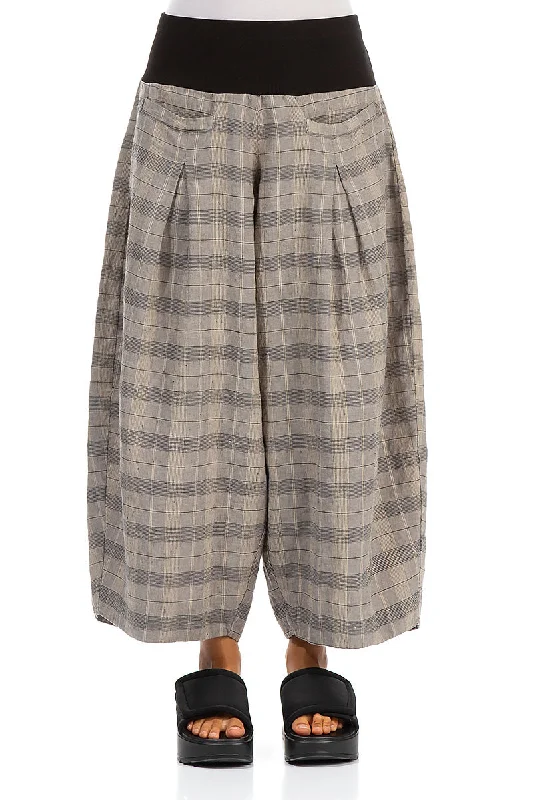 Loose Greige Check Linen Trousers