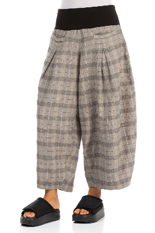 Loose Greige Check Linen Trousers