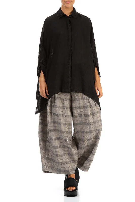 Loose Greige Check Linen Trousers