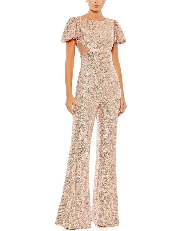 Mac Duggal Sequined Puff Shoulder Illusion Cutout Jumpsuit