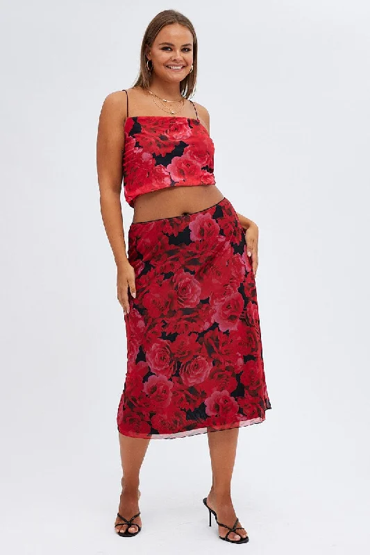 Multi Floral Midi Skirt Lined Mesh