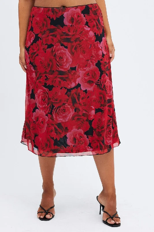 Multi Floral Midi Skirt Lined Mesh