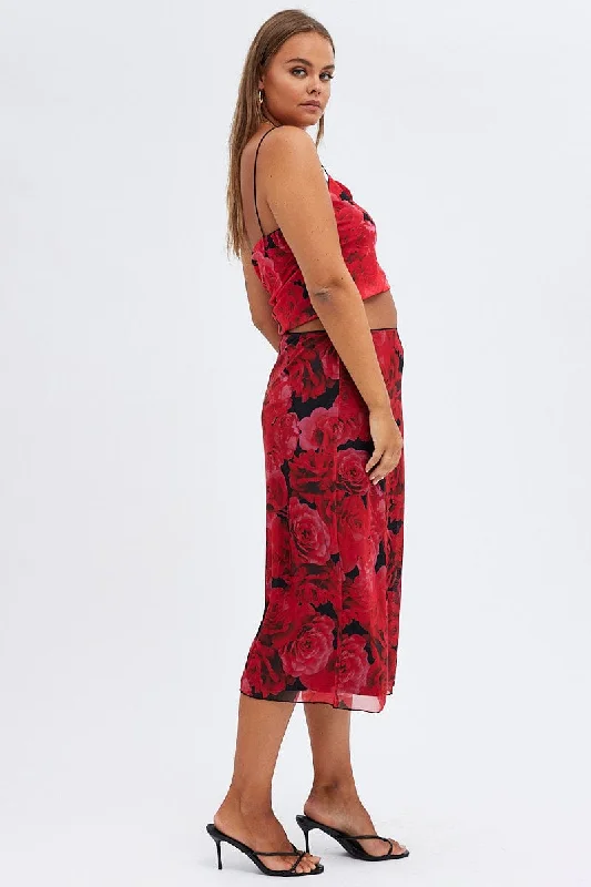 Multi Floral Midi Skirt Lined Mesh