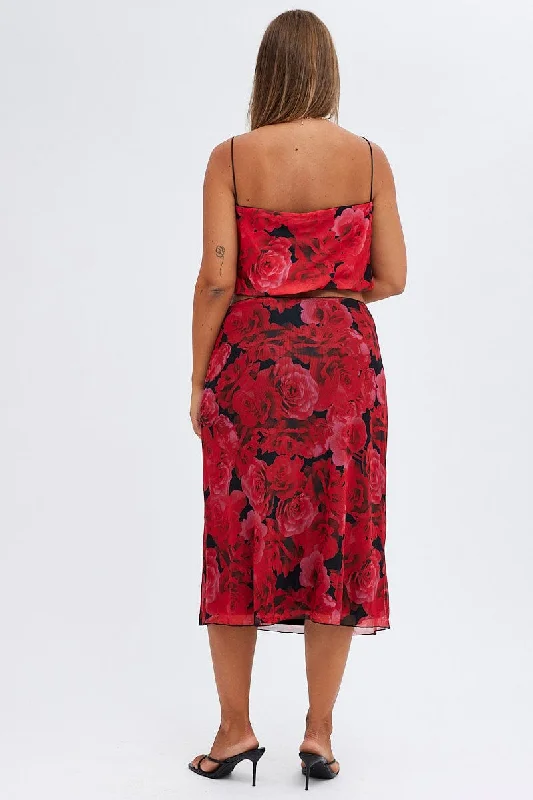 Multi Floral Midi Skirt Lined Mesh