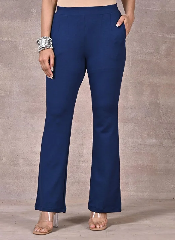 Navy Blue Fitted Trouser Pants With Straight Hem