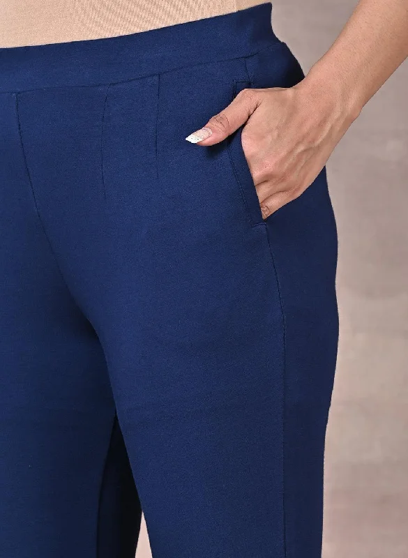 Navy Blue Fitted Trouser Pants With Straight Hem