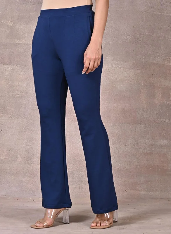 Navy Blue Fitted Trouser Pants With Straight Hem