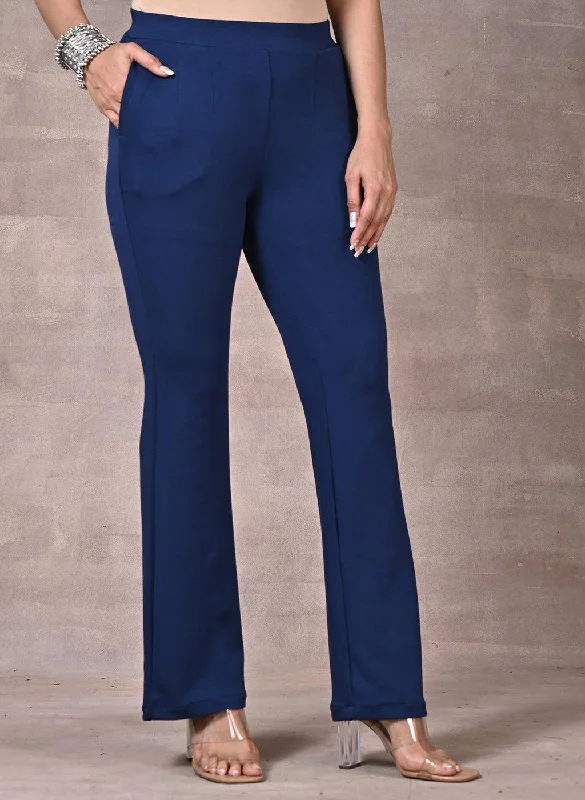 Navy Blue Fitted Trouser Pants With Straight Hem