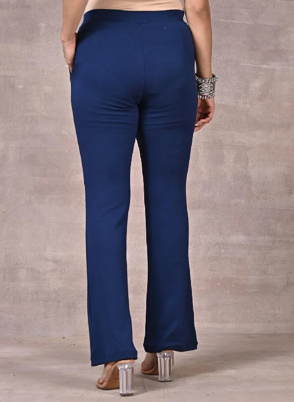 Navy Blue Fitted Trouser Pants With Straight Hem