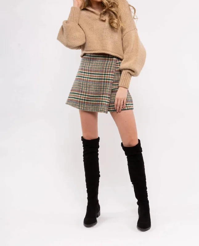 Plaid Skort In Tan/brown/green