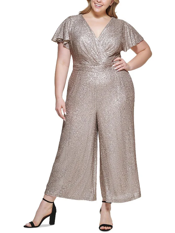 Plus Womens Sequined Wide-Leg Jumpsuit