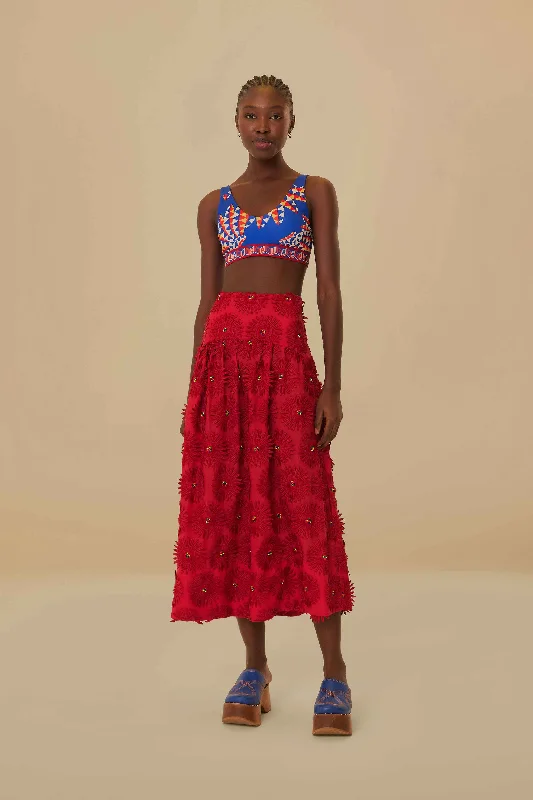 Red Daisy Flower Midi Skirt