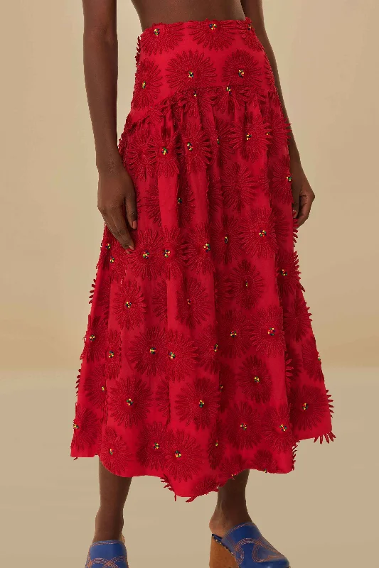 Red Daisy Flower Midi Skirt