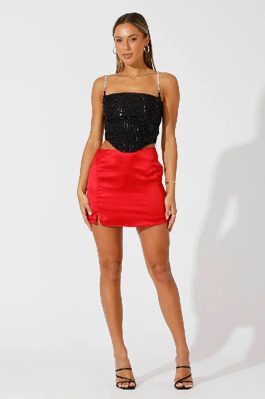 Red Mini Skirt High Rise Satin